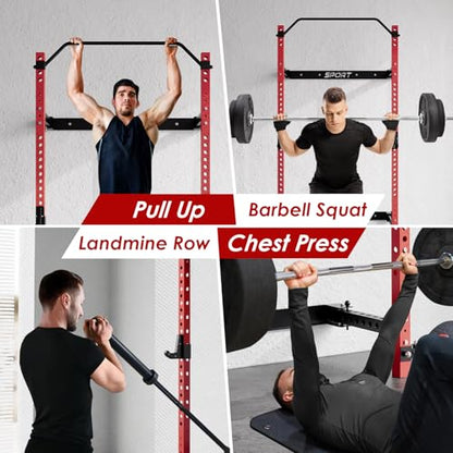 Garvee Folding Squat Rack for Home Gym, 2.36 in x 2.36 in Wall Mounted Foldable Squat Rack with Pull Up Bar, J Hooks and Landmine Attachments, 1000 LBS Capacity Space Saving Weight Power Cage