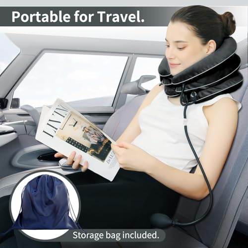 Cervical Neck Traction Device for Neck Pain Relief - Inflatable Neck Stretcher Collar for Decompression - Best Home Use Neck Brace Pump (Black Plush) - color: P. Black