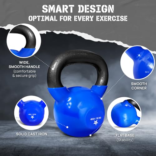 Yes4All Kettlebell, 5-100 LB Vinyl Coated Cast Iron Strength Training Kettlebells for Home Gym Exercises, Fitness, Full Body Workout Equipment, Push Ups, and Grip Strength - color: H. 40LB - Dark Blue, style: Vinyl Coated
