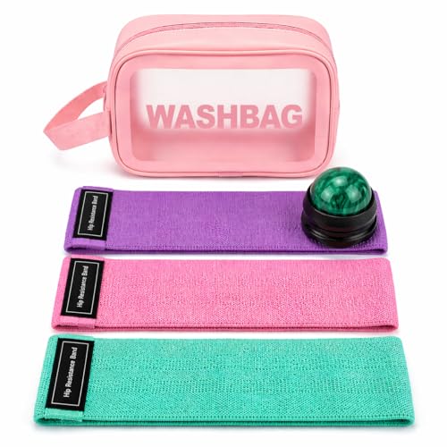 Fabric Resistance Bands for Working Out Women - Set of 3 with Massage Roller Ball & Waterproof Gym Bag - Anti-Slip Glute, Hip & Leg Workout Bands