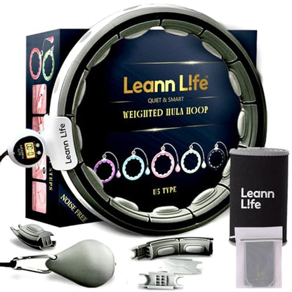 U5 Smart Weighted Hula Hoop with Counter, Waist Trimmer & Wash Bag –16 Knots, 28"–46" Adjustable Infinity Hoop Plus Size, Quiet Rubberized Wheels, Abdominal Toner - color: Gray + Waist Trimmer