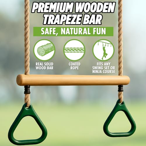 Wooden Trapeze Swing Bar for Kids - 18" Adjustable Height Monkey Bars Rings Swingset Accessories - Ninja Warrior Obstacle Course for Kids - Jungle Gym Accessories Playground Attachments