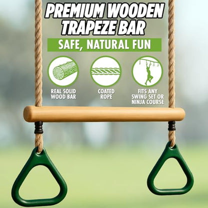 Wooden Trapeze Swing Bar for Kids - 18" Adjustable Height Monkey Bars Rings Swingset Accessories - Ninja Warrior Obstacle Course for Kids - Jungle Gym Accessories Playground Attachments