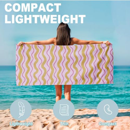 Microfiber Beach Towel Sand Free Quick Dry Oversized Modern Wavy Striped Retro Pink Gold Magenta Pattern for Adults Pool Travel Gym Camping 71 x 32 Inches 1 Pcs - color: Wavy