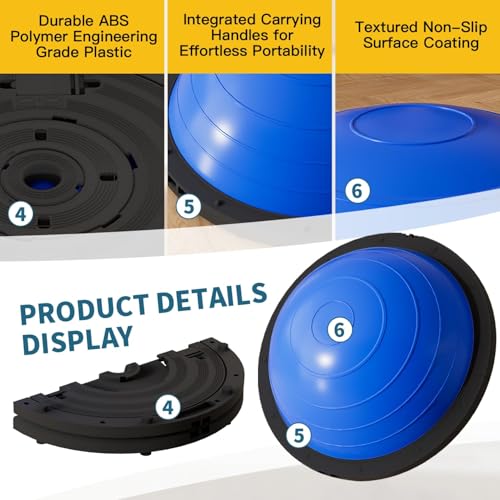 Vtory Foldable Balance Ball, Upgrate Half Ball Balance Trainer, 1300 lbs Capacity Stability Ball, 23.5 Inch Yoga Half Ball, with Resistance Band & Foot Pump, No-slip Blue Pink
