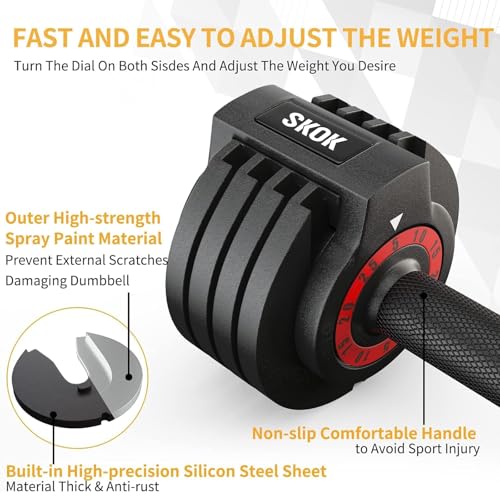SKOK 25/55 lbs Pair Adjustable Dumbbells Set, Adjustable Weights Dumbbells Set for Men and Women with Anti-Slip Fast Adjust Weight by Turning Handle Dumbbell with Tray - color: 25lbs-Pair