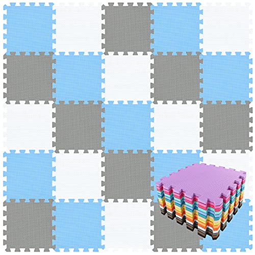 qqpp EVA Rubber 18 Tiles Interlocking Puzzle Foam Floor Mats - Baby Play Mat for Playing | Exercise Mat for Home Workout. White, Blue, Gray. QC-AGLb18N - color: 3 White, Blue, Gray, size: 18 Tiles