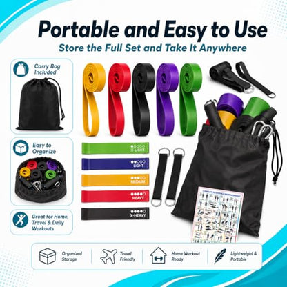Exercise Bands Resistance Bands Set, 5 Pull Up Bands and 5 Loop Bands with Door Anchor, 2 Handles, Carry Bag and Training Guide for Women Men, Home Workout, Strength Training