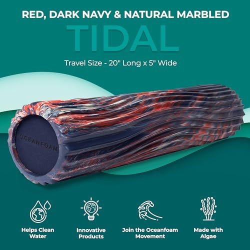 Tidal Roller - Red, Dark Navy & Natural Marbled - Muscle Massage Foam Roller for Back Pain & Stretching - Firm & Ergonomic Wide Wave Textured - Yoga, Athletics, Wellness - Full Size 20" x 5" - color: Red, Dark Navy & Natural Marbled