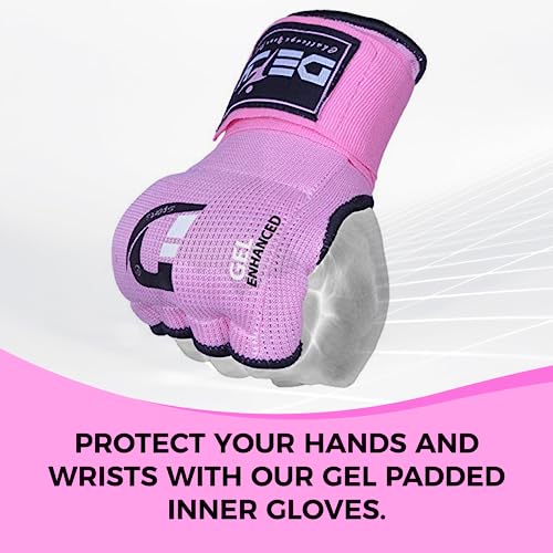 DEFY Padded Inner Gloves Quick 75cm Long Strap – Inner Boxing Gloves Gel Padded Knuckle Protection – Elasticated Boxing Hand Wraps for MMA Muay Thai Kickboxing Martial Arts Pair - color: Pink, size: Large