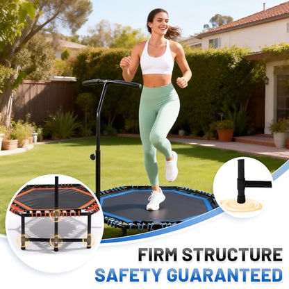 48" Mini Trampoline for Adults, Rebounder with Adjustable Handle Bar, Bungee Ropes, Indoor Outdoor,Fitness Trampoline for Home and Gym, Cardio & Strength Training