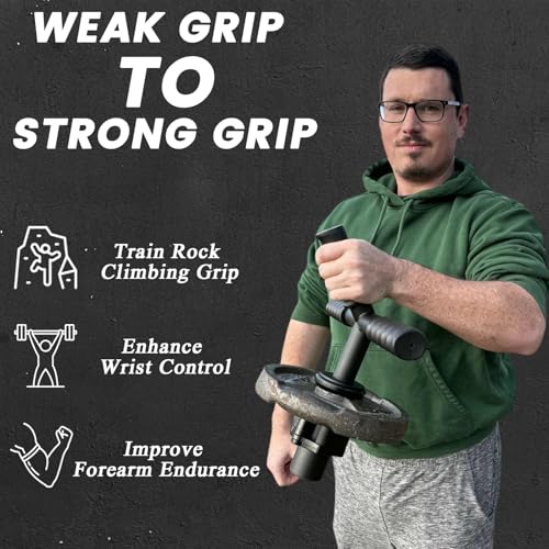 The Strong Arm Forearm & Wrist Strengthener – Adjustable Alloy Steel Grip Trainer with 3 Anti-Slip Finger Sleeves & Clamp, Wrist Roller Bar for Flexion, Extension & Grip Workout