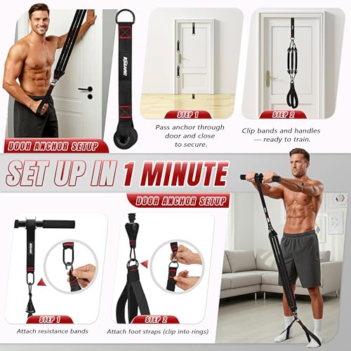 Forearm Strengthener & Wrist Roller, No Weights Needed Forearm Trainer with 3 Adjustable Resistance Bands (55/65/75 lbs), 2-in-1 Handle & Door Anchor for Arm Workout, Grip Strength & Muscle Building