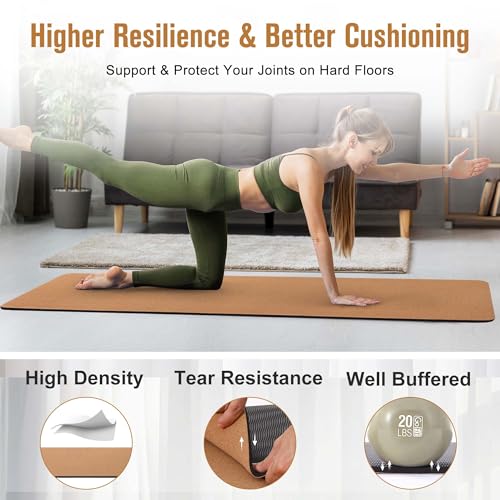 Premium Cork Yoga Mat 1/4 & 2/5 Inch Thick 72 x 26 in, Thick Cork and TPE Non Slip Yoga Mats for Women Men, Sweat Proof Eco-friendly, Great for Hot Yoga & Workouts