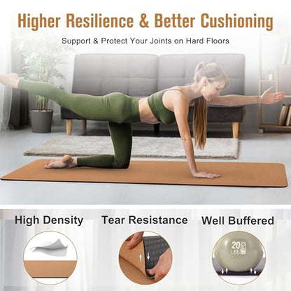 Premium Cork Yoga Mat 1/4 & 2/5 Inch Thick 72 x 26 in, Thick Cork and TPE Non Slip Yoga Mats for Women Men, Sweat Proof Eco-friendly, Great for Hot Yoga & Workouts