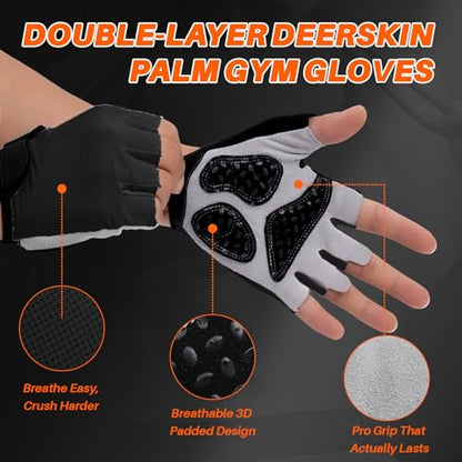 Workout Gloves for Men Women, Fingerless Weight Lifting Gloves with Genuine Suede Palm, Full Palm Protection, Enhanced Grip, Breathable Gym Gloves for Fitness Training Cycling Pull Ups