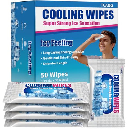Cooling Face Body Wipes - 5 Packs of 10 (50 Wipes) - Disposable Individually Wrapped No-Rinse Cooling Towels, Extra-Thick Oversized Body Cleansing Wipes for Sports, Travel, and Camping in Hot Weather - size: 50 Count (Pack of 1)