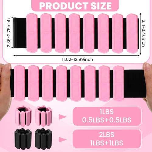 2 Pairs Wrist Ankle Weights Set for Women Men Adjustable Silicone Weighted Bangles 1lb Pink 2lb Black, Fitness Arm Leg Weights for Yoga, Pilates, Walking, Home Gym Workout
