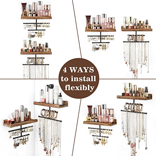 Hanging Wall Mounted Jewelry Organizer with Rustic Wood Jewelry Holder Display for Necklaces Bracelet Earrings Ring Set of 2 Carbonized Black,[Patented] - color: Carbonized Black