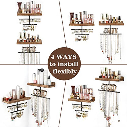 Hanging Wall Mounted Jewelry Organizer with Rustic Wood Jewelry Holder Display for Necklaces Bracelet Earrings Ring Set of 2 Carbonized Black,[Patented] - color: Carbonized Black