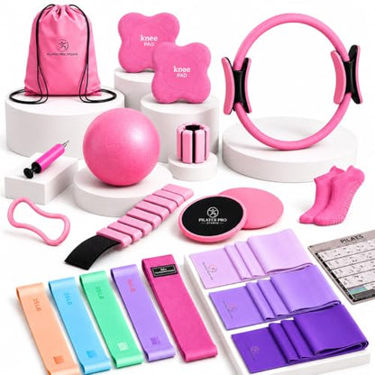 Pilates Kit for Women 22-in-1, Pilates Equipment Set with 14.5"Pilates Ring, Resistance Bands, Pilates Ball, Ankle Weights, Exercise Sliders, Grip Socks & Knee Pads For Yoga, Complete Home Workout Set