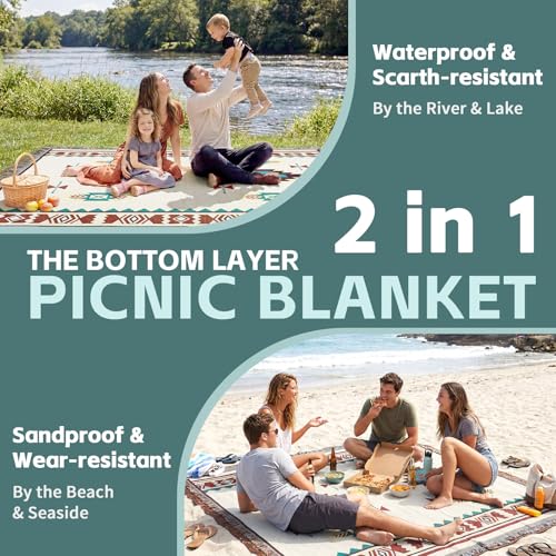 2 in 1 Extra Large Outdoor Rug Picnic Mat Woven Summer Throw Blanket Boho Giant Beach Travel Essential Yoga Accessories Park Patio Lawn Garden Grass Ground Play Music Festival Concert Must Have - color: Boho Beige