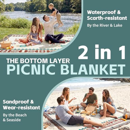 2 in 1 Extra Large Outdoor Rug Picnic Mat Woven Summer Throw Blanket Boho Giant Beach Travel Essential Yoga Accessories Park Patio Lawn Garden Grass Ground Play Music Festival Concert Must Have - color: Boho Beige
