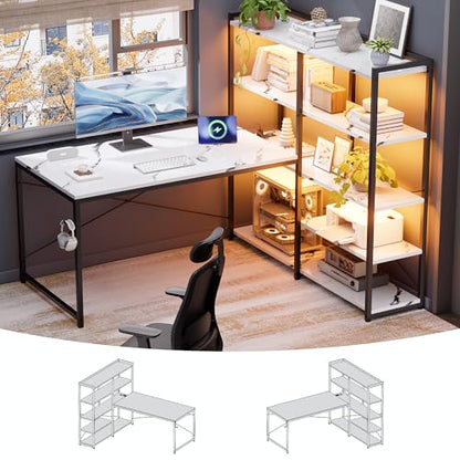 Pamray 49 Inch L Shaped Gaming Computer Desk with Shelves and Storage - color: Marble