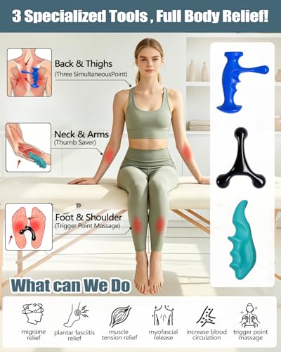 Trigger Point Massage Tool for Deep Tissue, 3PCS Fascia Release Tools Set, Thumb Saver Massage Tool for Full Body Pain Relief, with 3-Legged Massage Knobs, Stress Relief