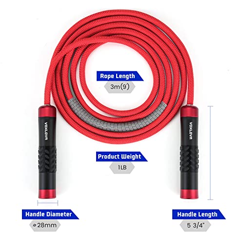 Weighted Jump Rope for Men Women - 1LB Heavy Jump Rope Weighted Skipping Rope for Adult Fitness Workouts Boxing Crossfit Cardio Weight-loss MMA, Non-Slip Aluminum Handles, Adjustable Length 9MM Solid PVC/Cotton Ropes - color: Red