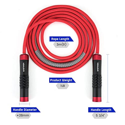 Weighted Jump Rope for Men Women - 1LB Heavy Jump Rope Weighted Skipping Rope for Adult Fitness Workouts Boxing Crossfit Cardio Weight-loss MMA, Non-Slip Aluminum Handles, Adjustable Length 9MM Solid PVC/Cotton Ropes - color: Red