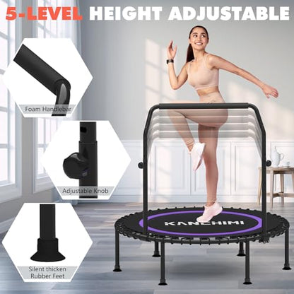 450/550LBS Mini Rebounder Trampoline for Adults with Bar, 40" /48" Fitness Trampoline Adjustable Foam Handle, Stable&Quiet Exercise Rebounder for Adults Indoor/Outdoor Workout(Purple, 550LBS)