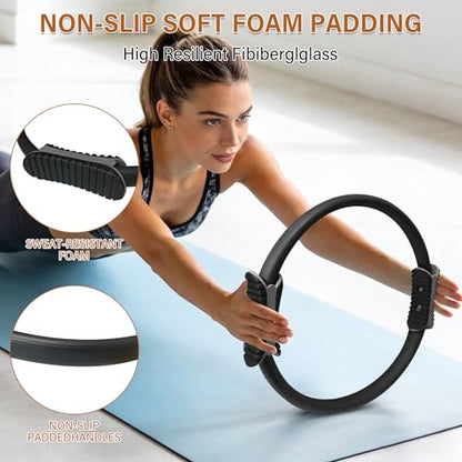 Home Pilates Kit, 15-Inch Pilates Ring with 2 Pilates Ball,2 massageballs,3 Resistance Bands for Toning Arms, Thighs/Legs & Core,1 Detachable Tension Strap