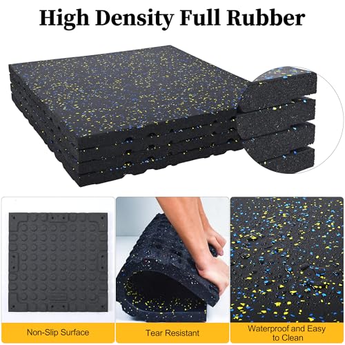 Nisorpa 1" Thick Rubber Exercise Equipment Mats, Anti-Vibration Pads 20" x 20'', Sound Absorbing Mat, Gym Floor Tiles Non-Slip, with 12 Pcs Buckles for Fixing, for Fitness Equipment (4 Pcs)