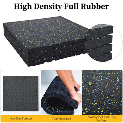 Nisorpa 1" Thick Rubber Exercise Equipment Mats, Anti-Vibration Pads 20" x 20'', Sound Absorbing Mat, Gym Floor Tiles Non-Slip, with 12 Pcs Buckles for Fixing, for Fitness Equipment (4 Pcs)