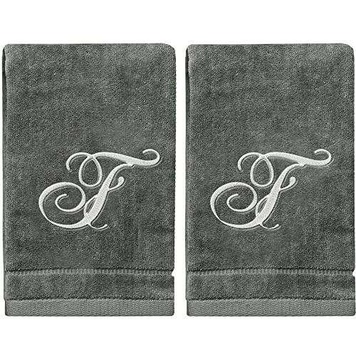 Monogrammed Towels Fingertip, Personalized Gift, 11 x 18 Inches - Set of 2- Silver Embroidered Towel - Extra Absorbent 100% Cotton- Soft Velour Finish - For Bathroom/ Kitchen/ Spa- Initial F (Gray)