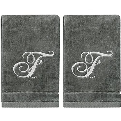 Monogrammed Towels Fingertip, Personalized Gift, 11 x 18 Inches - Set of 2- Silver Embroidered Towel - Extra Absorbent 100% Cotton- Soft Velour Finish - For Bathroom/ Kitchen/ Spa- Initial F (Gray)