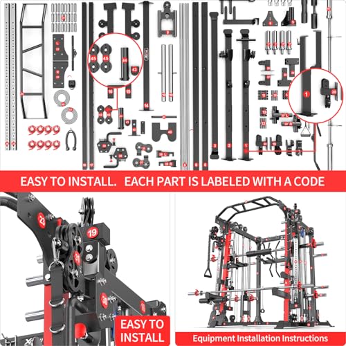 Multi-Purpose Squat Rack,Smith Machine Weight Rack Set with Cable Crossover System, Home Gym Power Racks, Power Racks and Packages - color: L05, size: Power cage Red+bench+(pole+Cast lron)338LBS