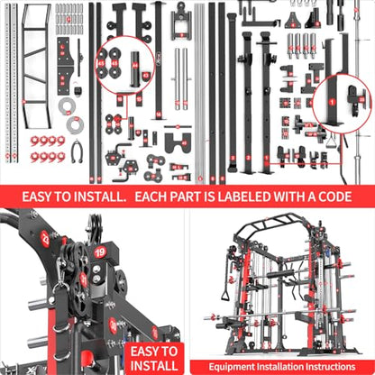 Multi-Purpose Squat Rack,Smith Machine Weight Rack Set with Cable Crossover System, Home Gym Power Racks, Power Racks and Packages - color: L05, size: Power cage Red+bench+(pole+Cast lron)338LBS
