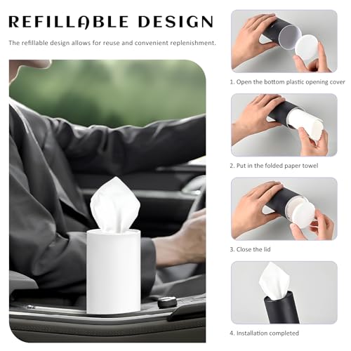 4PCS Car Tissue Holder, Round Tube Car Tissues Box Stylish Cup Holder Decor with Facial Tissues, Portable Cylinder Refillable Paper Napkin Container for Vehicle Home Office (White)