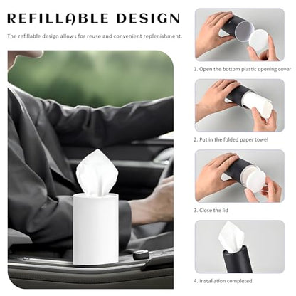 4PCS Car Tissue Holder, Round Tube Car Tissues Box Stylish Cup Holder Decor with Facial Tissues, Portable Cylinder Refillable Paper Napkin Container for Vehicle Home Office (White)