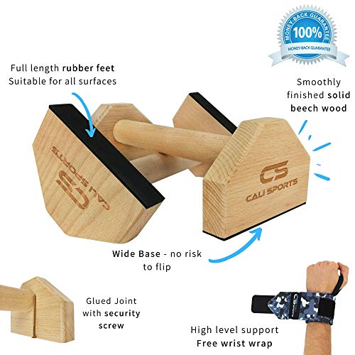 Calisthenics Wood Parallettes Bars | Push Up Bar That Will Not Slip or Wobble | Wrist Wraps Included