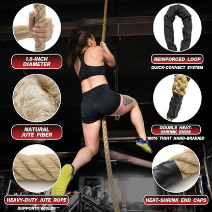 Climbing Rope Gym Workout - 10FT 15FT 20FT 25FT 30FT 35FT Heavy Duty Jute Thick Ropes for Adults Strength Training Outdoor Tree Swing Indoor Home Fitness Exercise - 1.5 Inch - size: 15FT