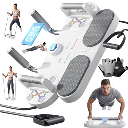 3-In-1 Multifunctional Push-Up Board & Resistance Band Trainer with Thickened Elbow Pads, Non-Slip, Pushup Handles, & Reps Time Monitoring, Portable Foldable Home Gym Fitness Equipment - color: White