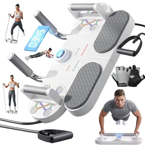 3-In-1 Multifunctional Push-Up Board & Resistance Band Trainer with Thickened Elbow Pads, Non-Slip, Pushup Handles, & Reps Time Monitoring, Portable Foldable Home Gym Fitness Equipment - color: White