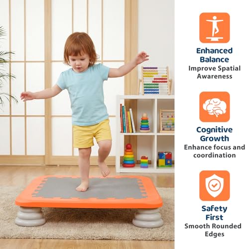 Mini Kids Trampoline, Rebounder Board Jump Trainer with EVA Cushion Surface & Non Slip PU Foam Base, Sensory Balance Board Toy 200 lbs Capacity Indoor Outdoor Play Equipment for Ages 3 to 12