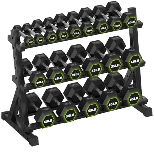 HANDBODE Dumbbell Set with Rack, Rubber Coated Fixed Dumbbells 360-790 lbs