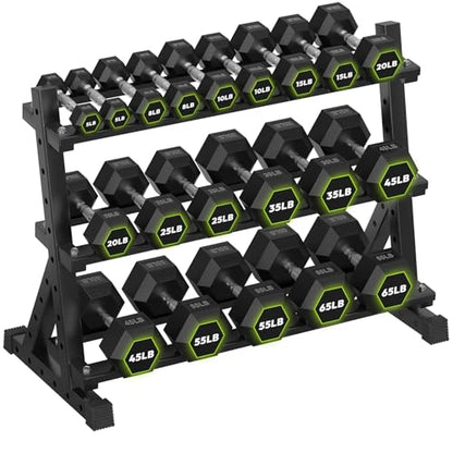HANDBODE Dumbbell Set with Rack, Rubber Coated Fixed Dumbbells 360-790 lbs