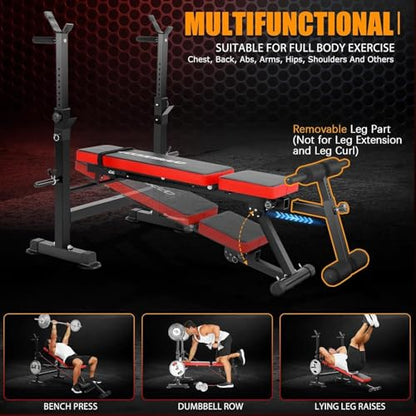 OPPSDECOR Adjustable Weight Bench Set With Removable Rowing Leg Catch, 600LBS Foldable Bench Press Set with Squat Rack Flat Incline Sit Up Workout Bench for Home Gym Strength Training