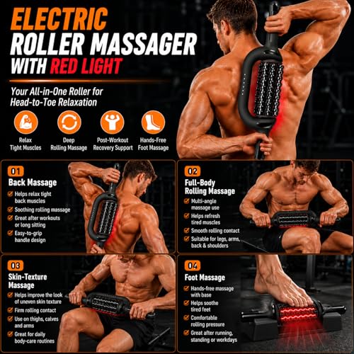 Electric Roller Massager with Red Light, Rechargeable 4000mAh 6-Speed Rolling Body Roller for Lymphatic Massage, Muscle Recovery, Cellulite & Lipedema Massage for Legs, Arms, Back, Feet
